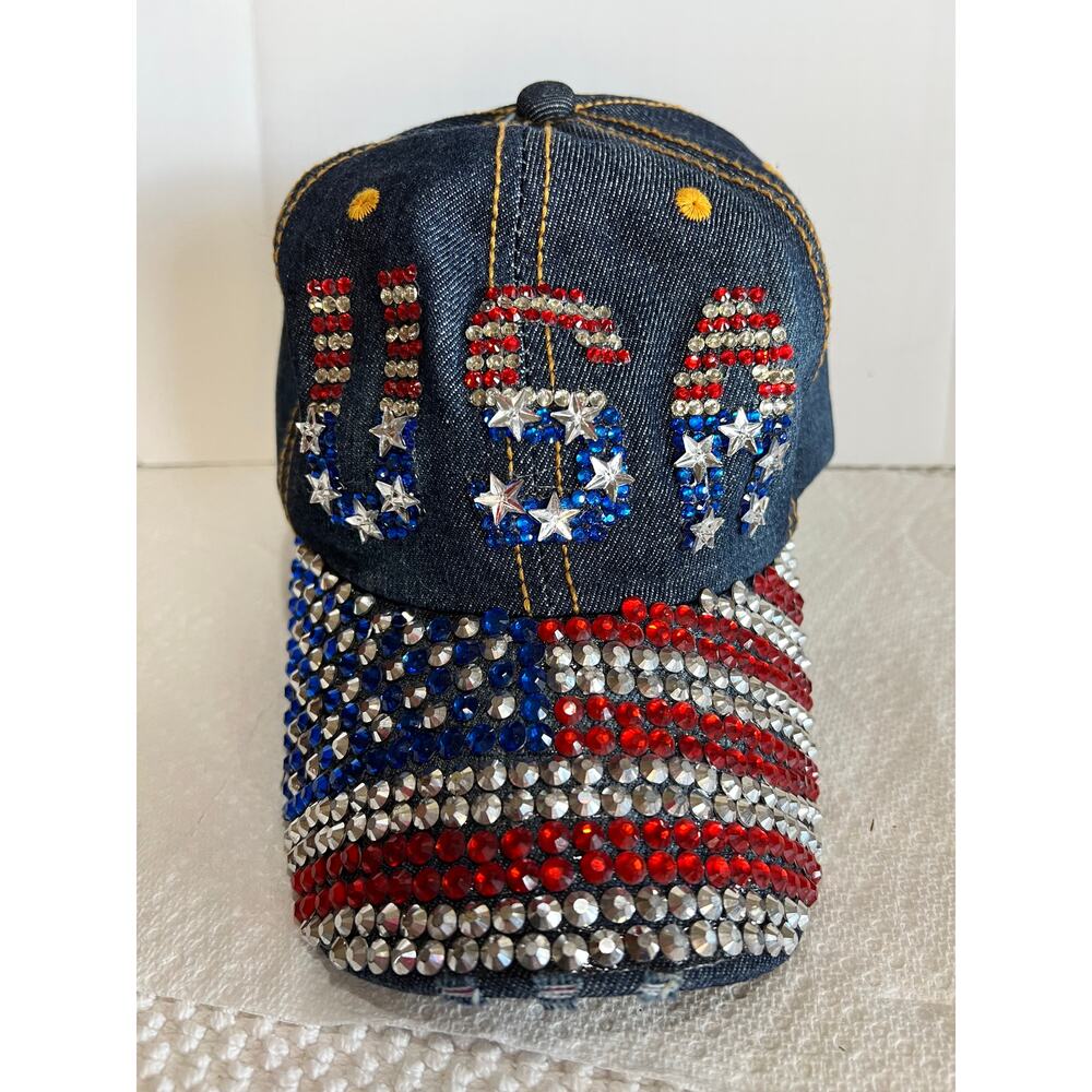 USA RHINESTONE EMBROIDERED HAT DARK DENIM USA W/ FLAG BILL